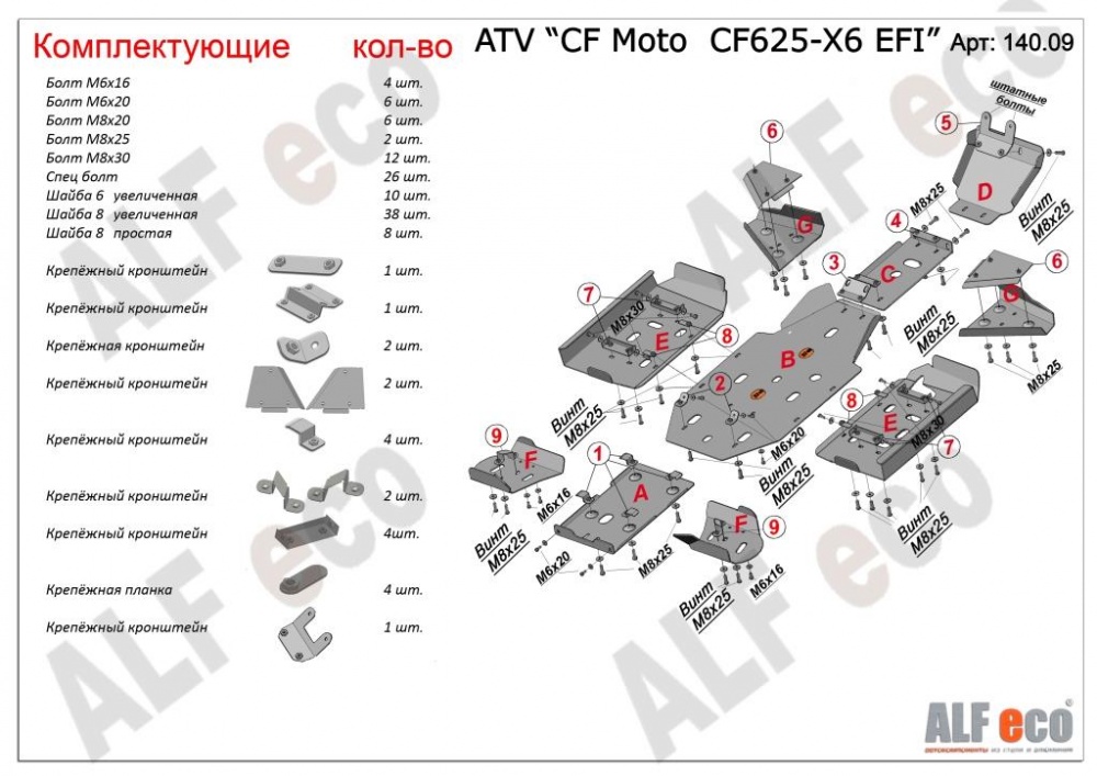 CF Moto CF500-X5/CF625-X6 (2011-) комплект 500см3 Алюминий 4,0 мм